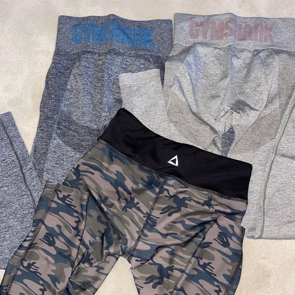 Gymshark booty leggings and Equinox camo leggings